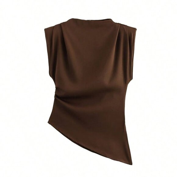 Chocolate Brown Elegant Womens Padded Shoulder Ruffle Asymmetric Zipper TOPO - Picture 10 of 10